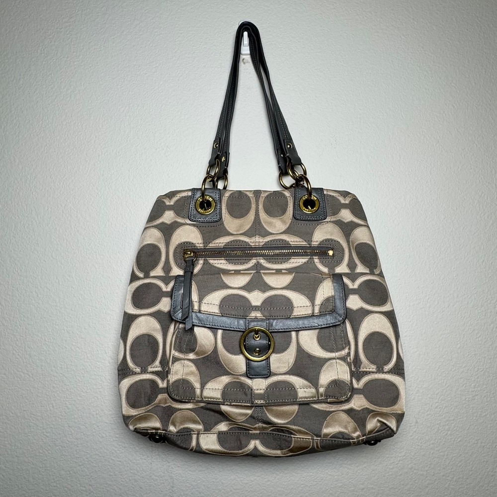 Coach Signature Penelope Optic F18876 Shoulder Bag Taupe Gray Canvas Leather